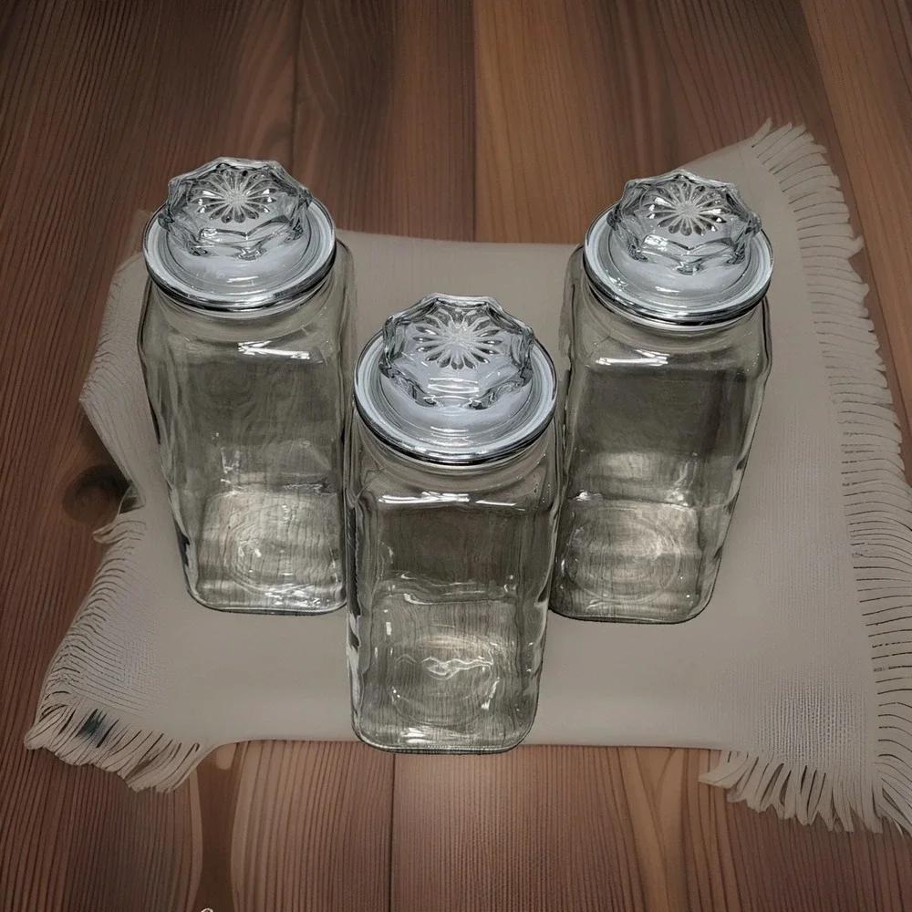 Vintage Anchor Hocking Wexford Set/3 Square Apothecary Jar Canisters Starburst